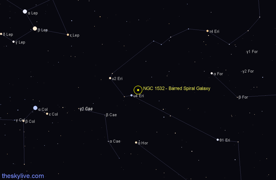 Finder chart NGC 1532 - Barred Spiral Galaxy in Eridanus star