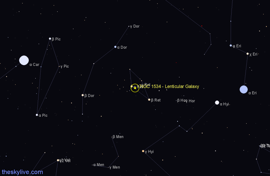 Finder chart NGC 1534 - Lenticular Galaxy in Reticulum star