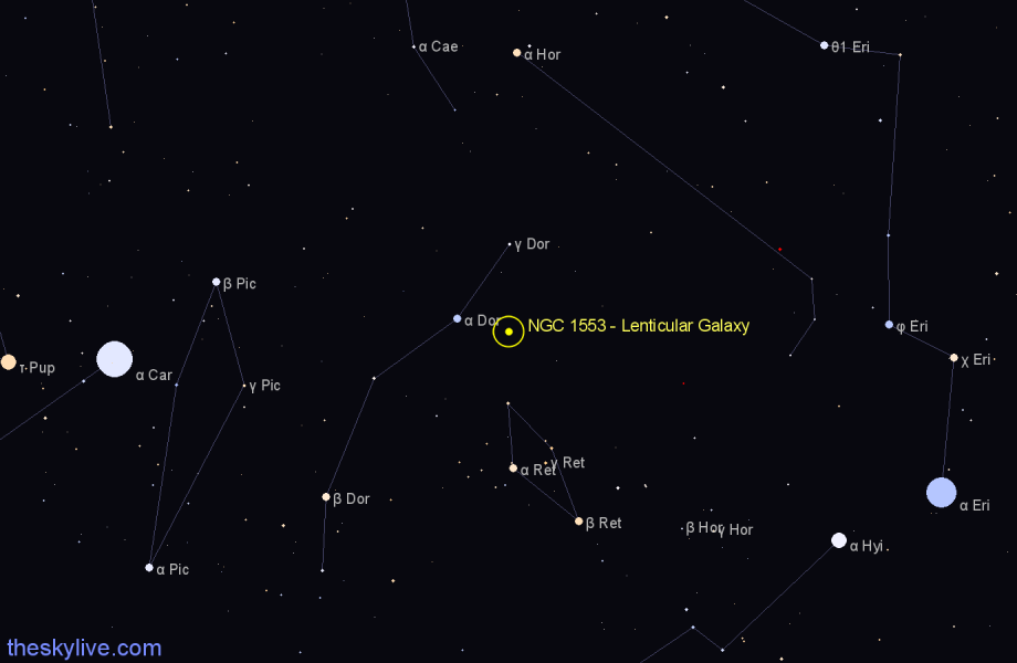 Finder chart NGC 1553 - Lenticular Galaxy in Dorado star