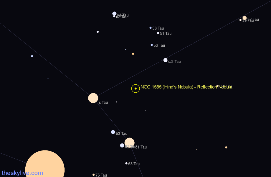 Finder chart NGC 1555 (Hind's Nebula) - Reflection Nebula in Taurus star