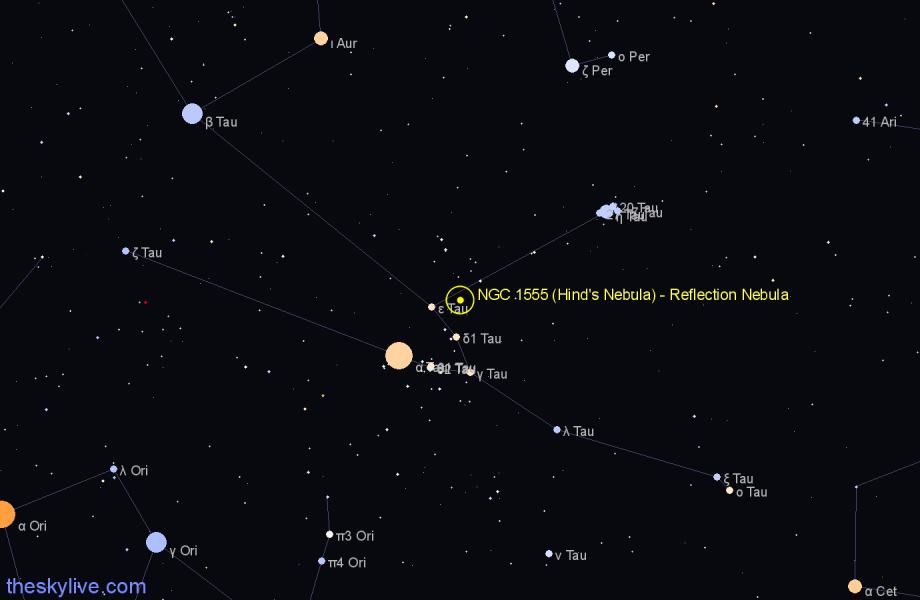 Finder chart NGC 1555 (Hind's Nebula) - Reflection Nebula in Taurus star