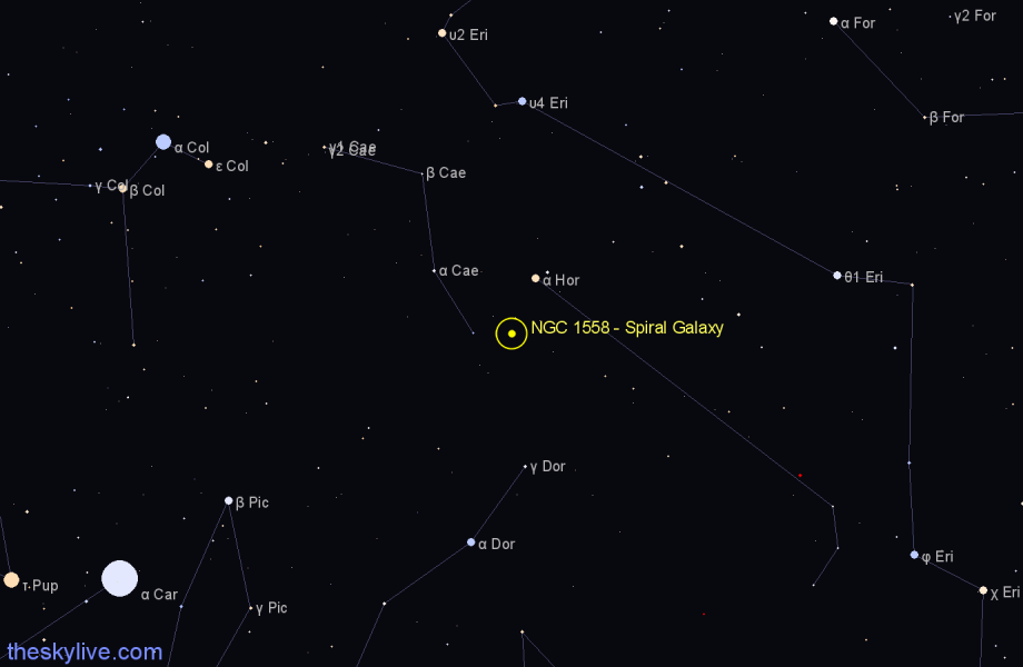 Finder chart NGC 1558 - Spiral Galaxy in Caelum star