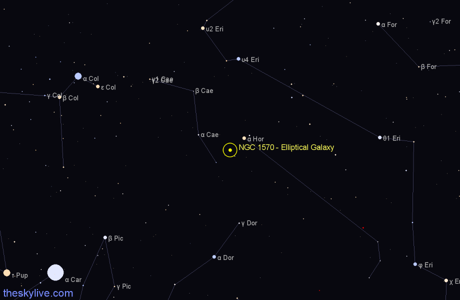 Finder chart NGC 1570 - Elliptical Galaxy in Caelum star