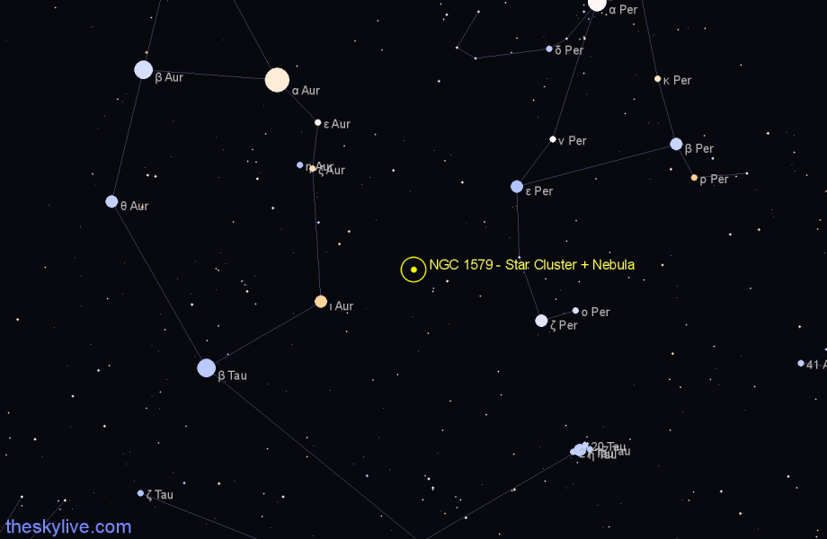 Finder chart NGC 1579 - Star Cluster + Nebula in Perseus star