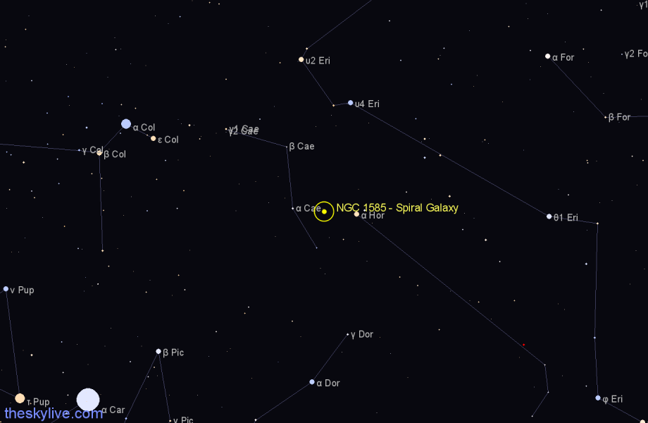 Finder chart NGC 1585 - Spiral Galaxy in Caelum star