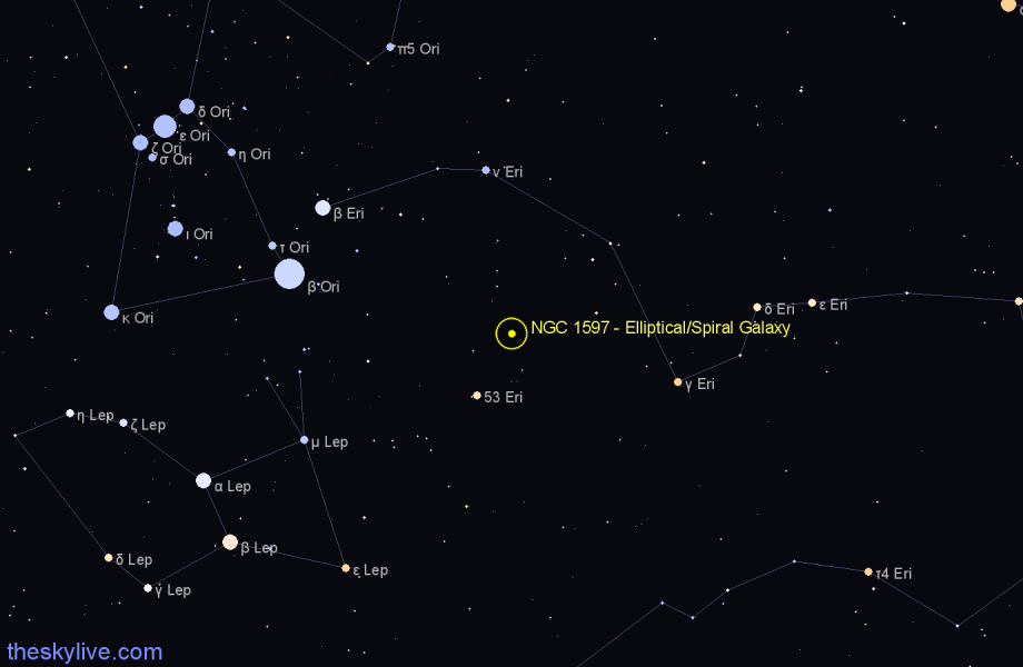 Finder chart NGC 1597 - Elliptical/Spiral Galaxy in Eridanus star