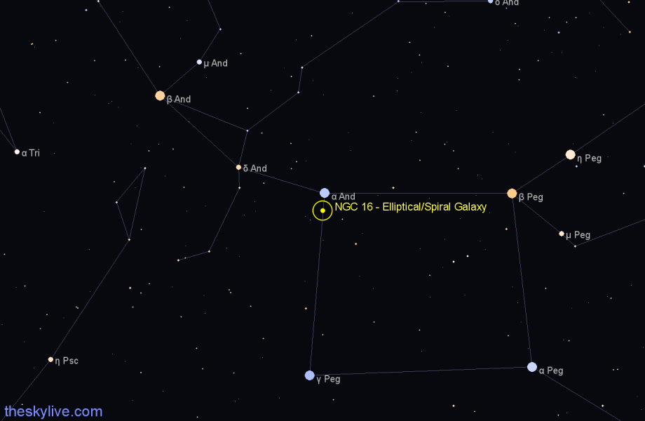 Finder chart NGC 16 - Elliptical/Spiral Galaxy in Pegasus star