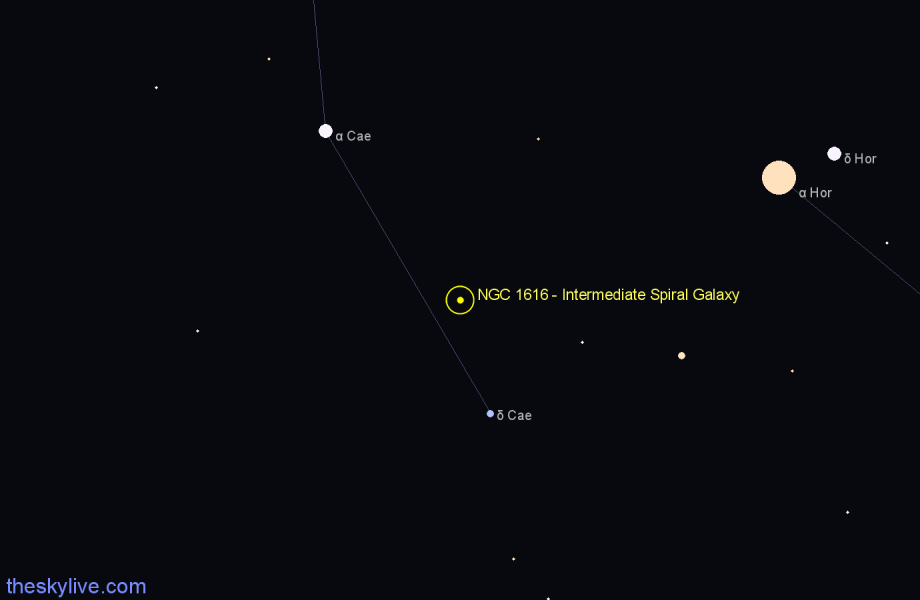 Finder chart NGC 1616 - Intermediate Spiral Galaxy in Caelum star