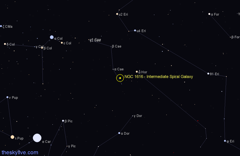 Finder chart NGC 1616 - Intermediate Spiral Galaxy in Caelum star