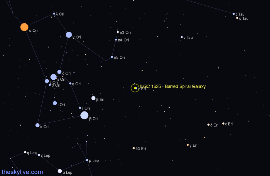 Finder chart NGC 1625 - Barred Spiral Galaxy in Eridanus star