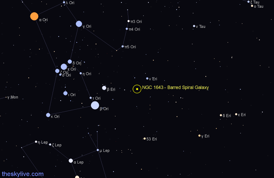 Finder chart NGC 1643 - Barred Spiral Galaxy in Eridanus star