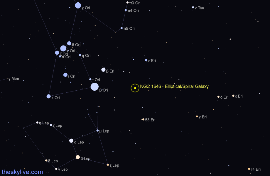 Finder chart NGC 1646 - Elliptical/Spiral Galaxy in Eridanus star