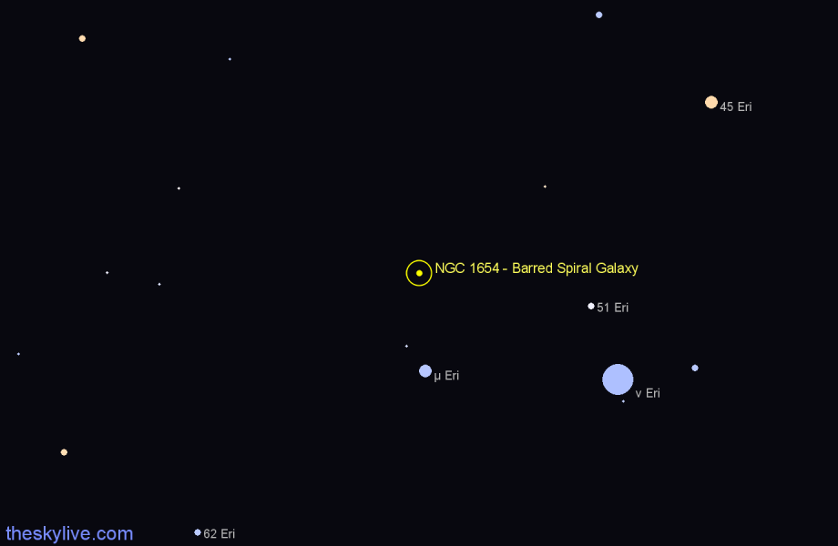 Finder chart NGC 1654 - Barred Spiral Galaxy in Orion star