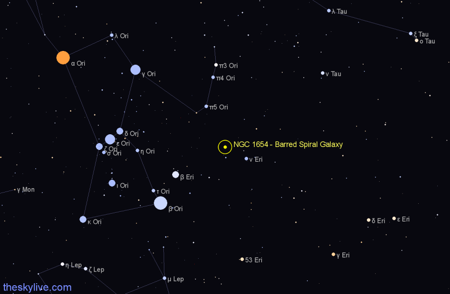 Finder chart NGC 1654 - Barred Spiral Galaxy in Orion star