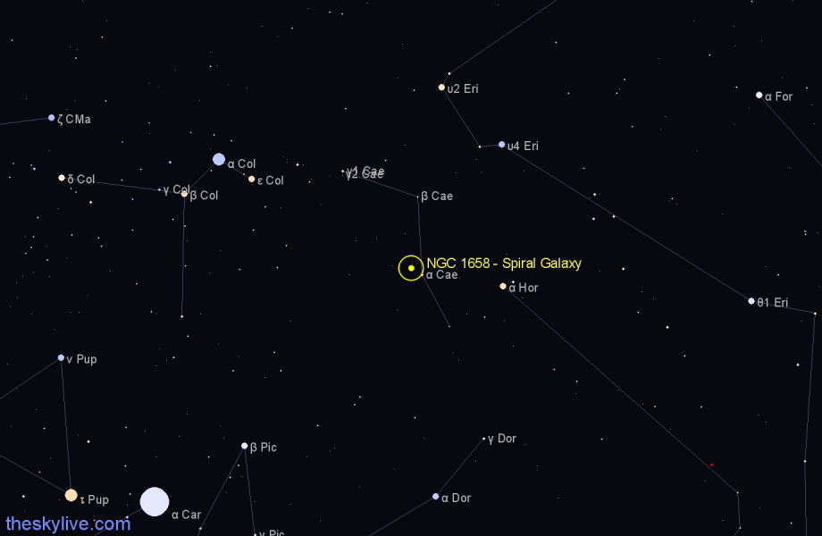 Finder chart NGC 1658 - Spiral Galaxy in Caelum star