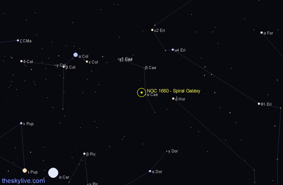 Finder chart NGC 1660 - Spiral Galaxy in Caelum star