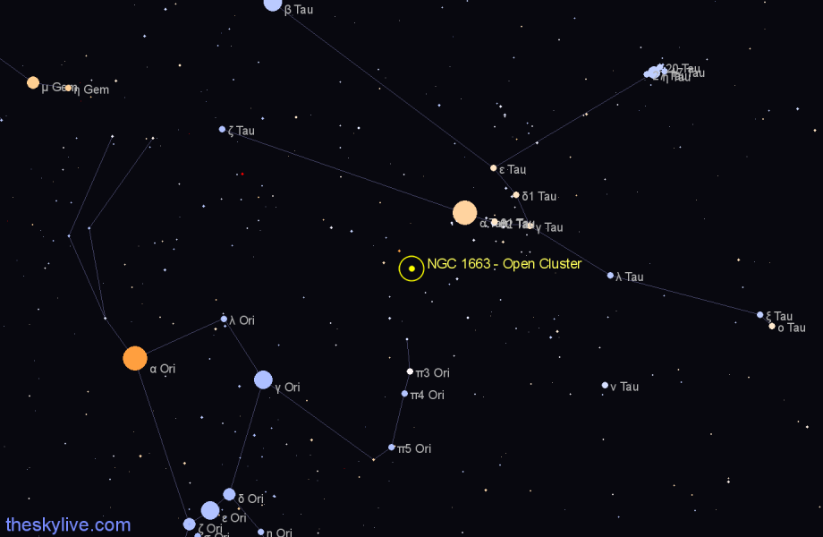 Finder chart NGC 1663 - Open Cluster in Orion star