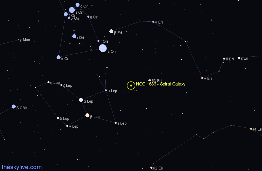 Finder chart NGC 1686 - Spiral Galaxy in Eridanus star