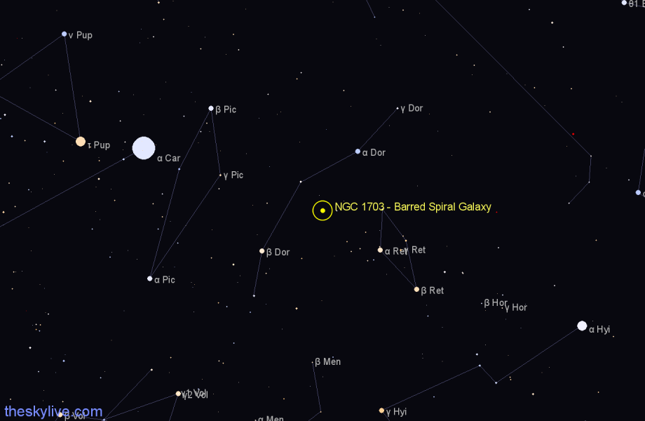 Finder chart NGC 1703 - Barred Spiral Galaxy in Dorado star