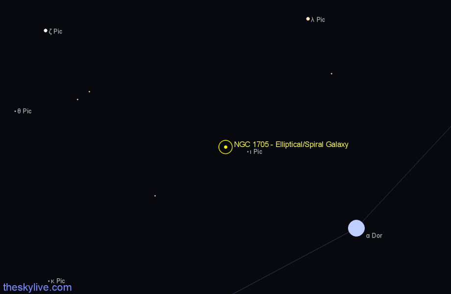 Finder chart NGC 1705 - Elliptical/Spiral Galaxy in Pictor star