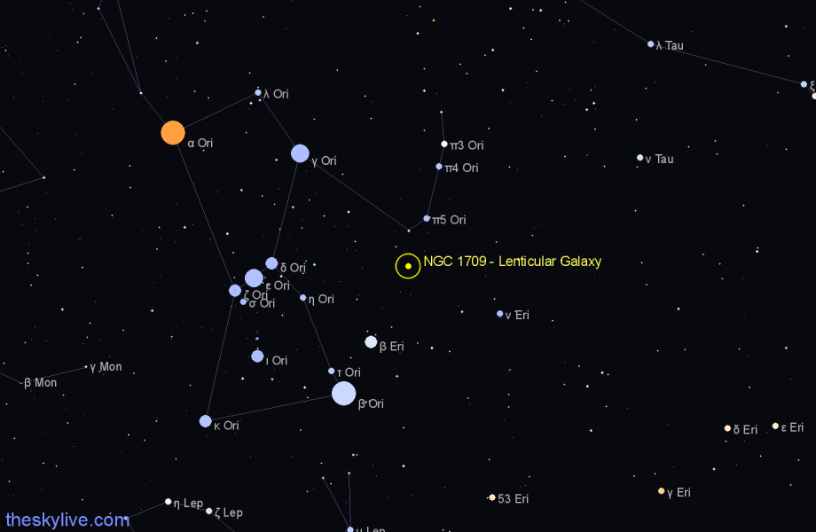 Finder chart NGC 1709 - Lenticular Galaxy in Orion star