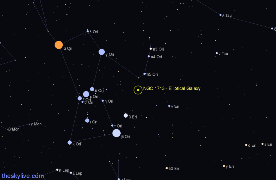 Finder chart NGC 1713 - Elliptical Galaxy in Orion star