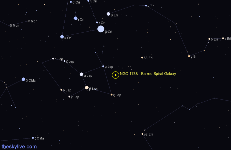 Finder chart NGC 1738 - Barred Spiral Galaxy in Lepus star
