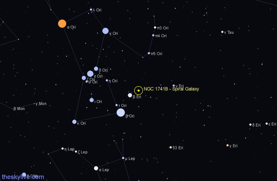 Finder chart NGC 1741B - Spiral Galaxy in Eridanus star