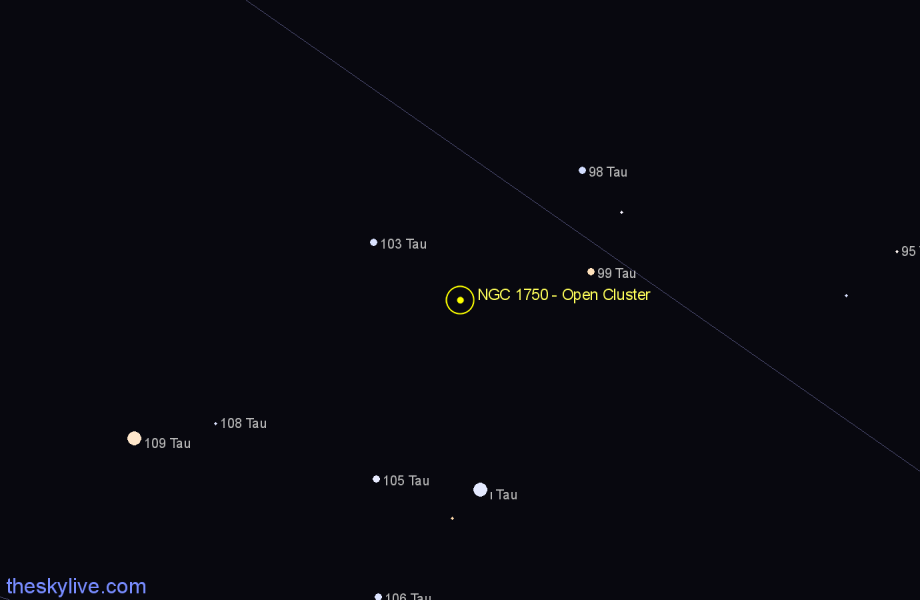 Finder chart NGC 1750 - Open Cluster in Taurus star