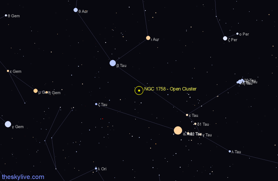 Finder chart NGC 1758 - Open Cluster in Taurus star