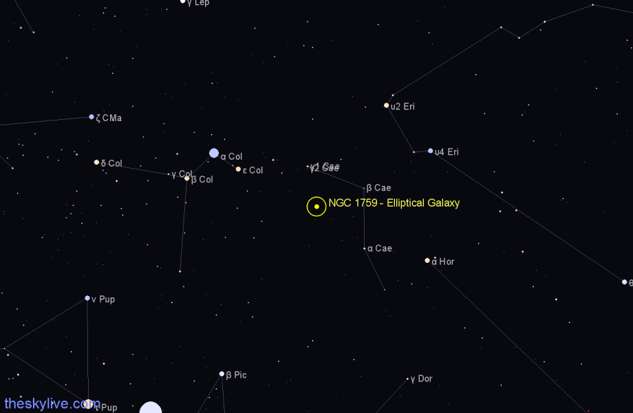 Finder chart NGC 1759 - Elliptical Galaxy in Caelum star