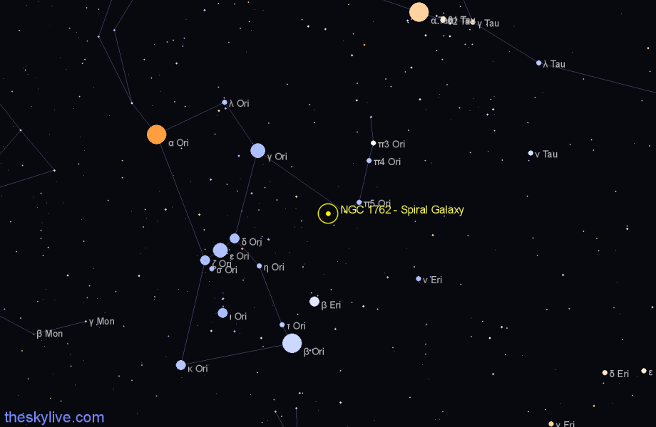 Finder chart NGC 1762 - Spiral Galaxy in Orion star