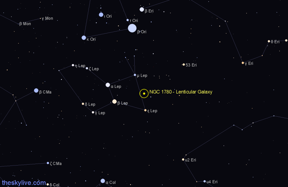 Finder chart NGC 1780 - Lenticular Galaxy in Lepus star