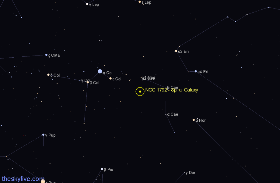 Finder chart NGC 1792 - Spiral Galaxy in Columba star