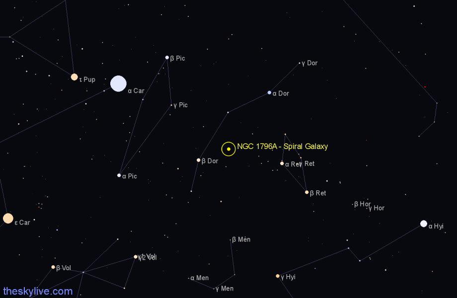Finder chart NGC 1796A - Spiral Galaxy in Dorado star