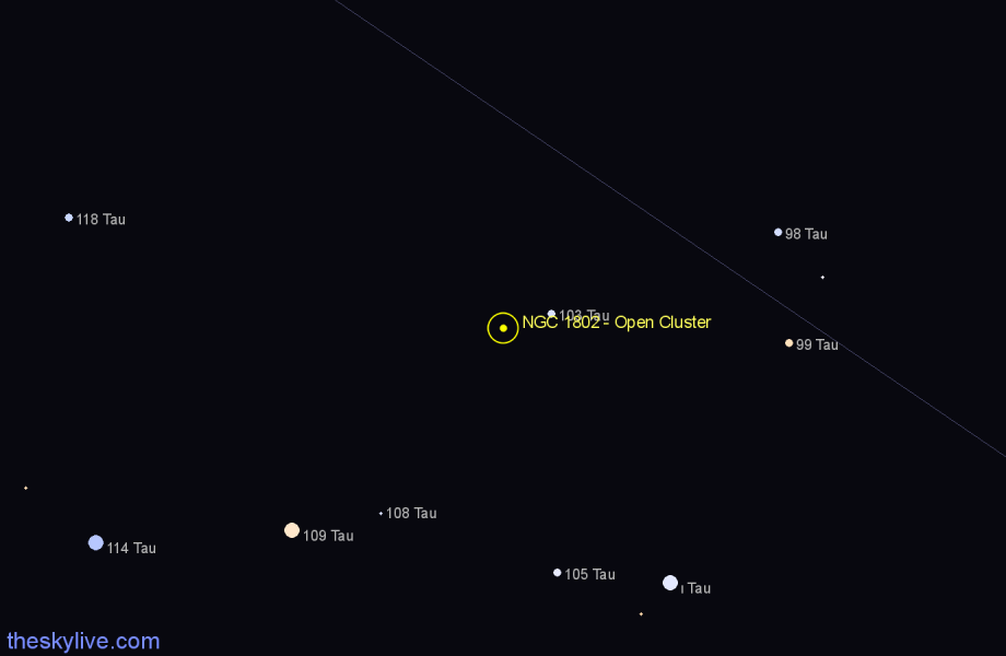 Finder chart NGC 1802 - Open Cluster in Taurus star