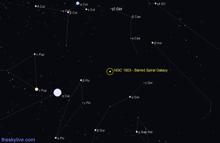 Finder chart NGC 1803 - Barred Spiral Galaxy in Pictor star