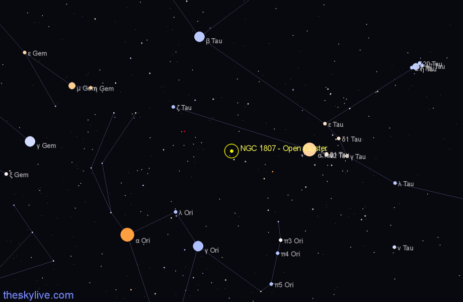 Finder chart NGC 1807 - Open Cluster in Taurus star