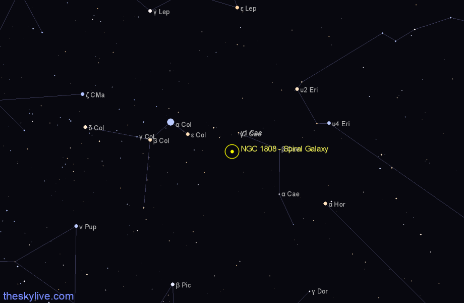 Finder chart NGC 1808 - Spiral Galaxy in Columba star