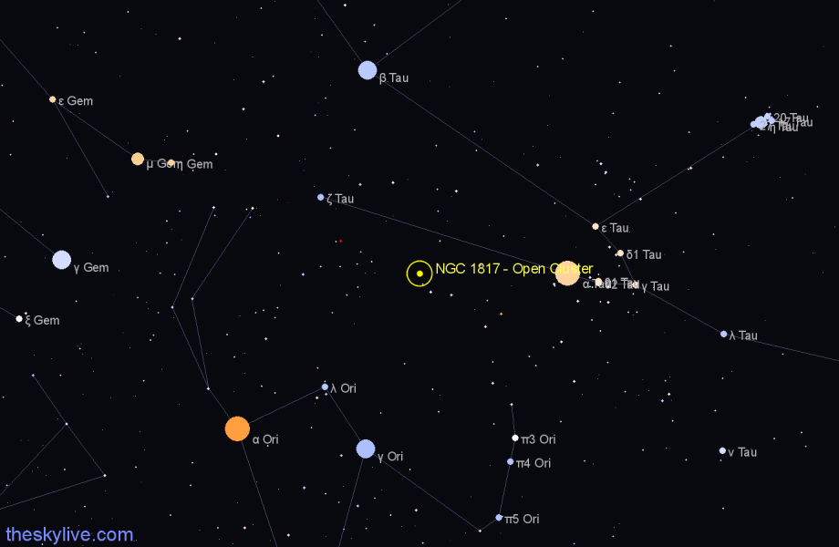 Finder chart NGC 1817 - Open Cluster in Taurus star