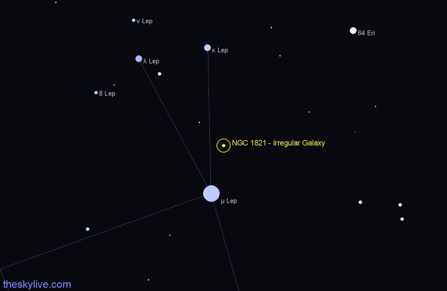 Finder chart NGC 1821 - Irregular Galaxy in Lepus star