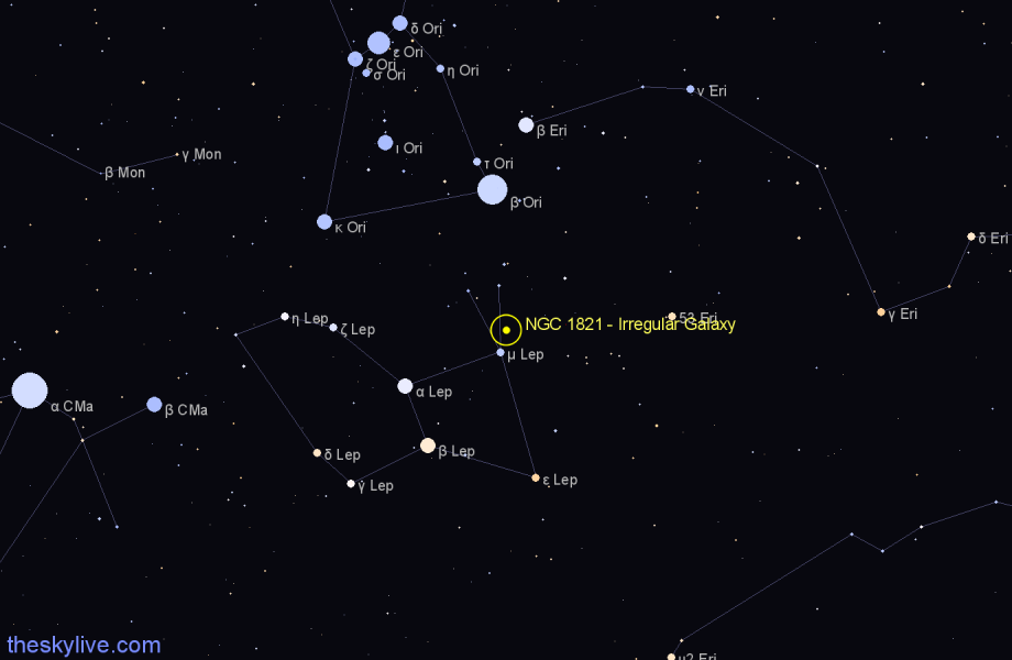 Finder chart NGC 1821 - Irregular Galaxy in Lepus star