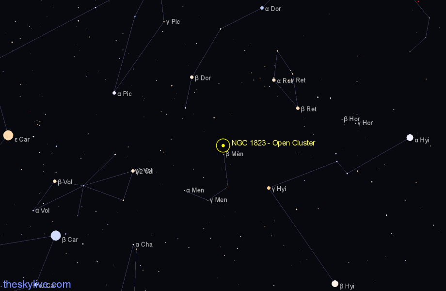 Finder chart NGC 1823 - Open Cluster in Mensa star