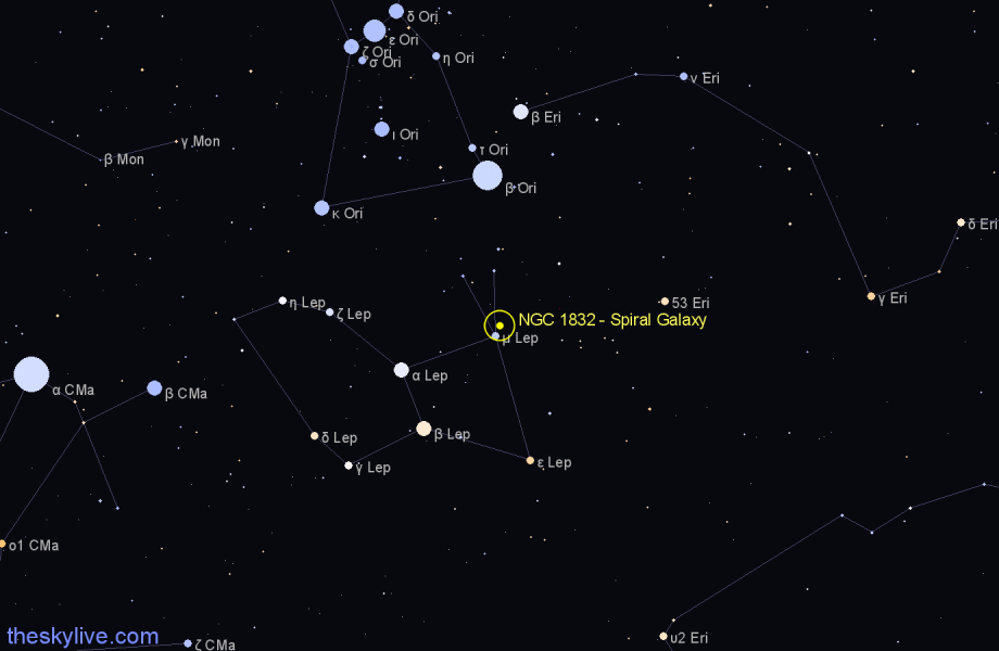 Finder chart NGC 1832 - Spiral Galaxy in Lepus star