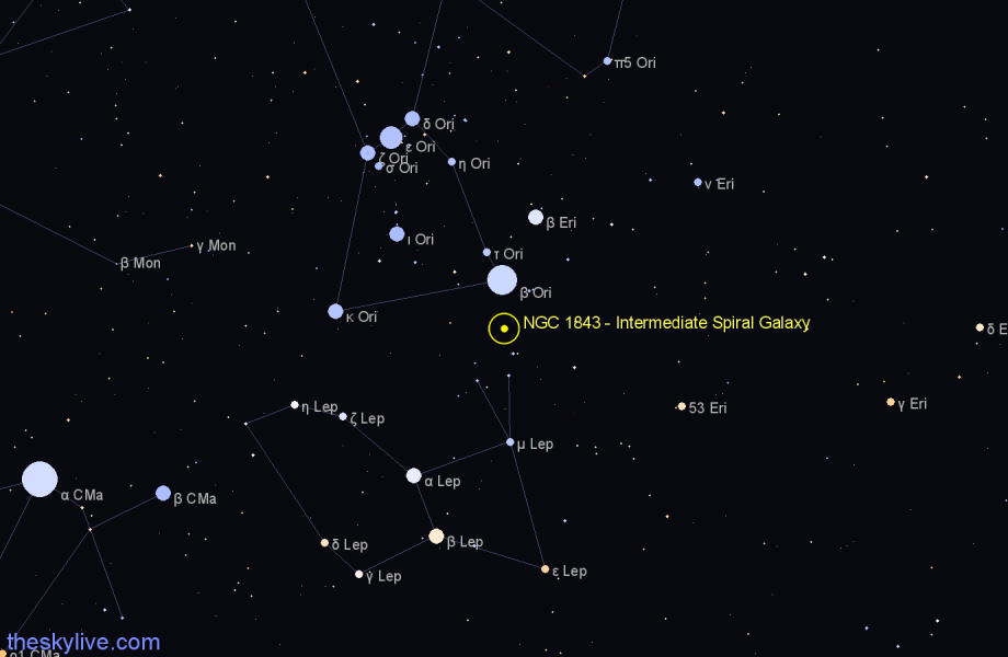 Finder chart NGC 1843 - Intermediate Spiral Galaxy in Orion star