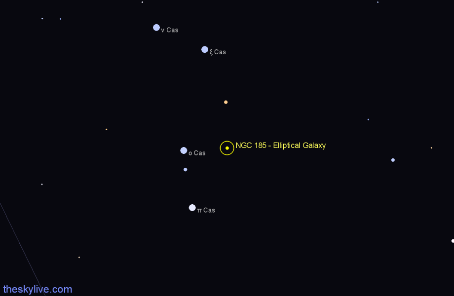 Finder chart NGC 185 - Elliptical Galaxy in Cassiopeia star