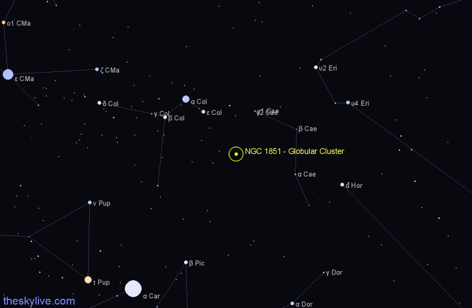 Finder chart NGC 1851 - Globular Cluster in Columba star