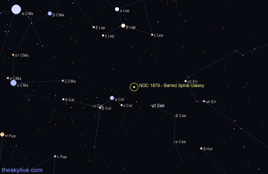 Finder chart NGC 1879 - Barred Spiral Galaxy in Columba star