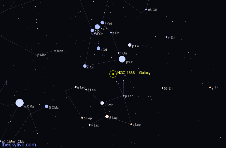 Finder chart NGC 1888 - Galaxy in Lepus star