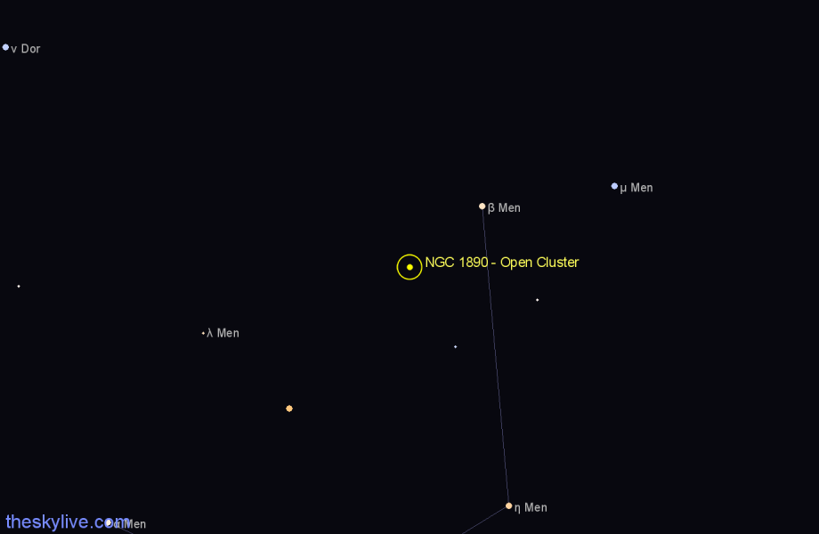 Finder chart NGC 1890 - Open Cluster in Mensa star